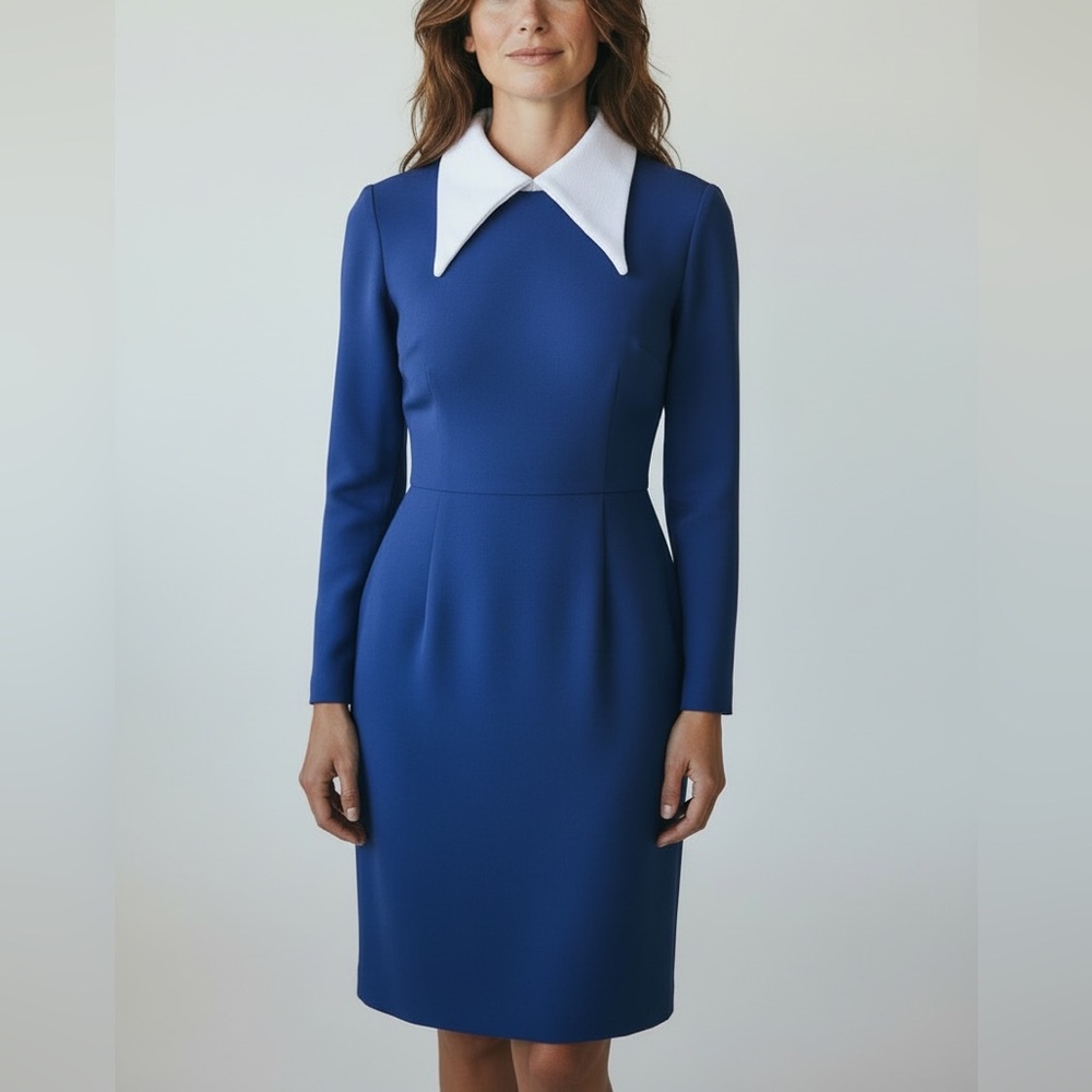 Vintage 1970's Navy Blue White‎ Dagger Collar Fitted Peter Pan Long Sleeve Dress